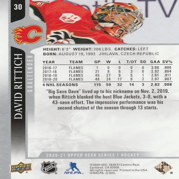 David Rittich - 2020/2021 Upper Deck Series 1 Hockey Card - Picture 2 of 2